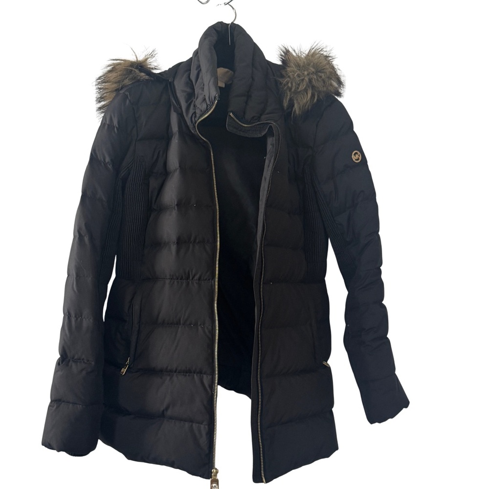 Michael Kors Black Puffer Coat Medium Removable Hood MK Logo 26"